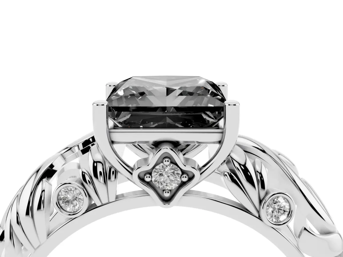 Fancy Black Princess Cut Solitaire Diamond Leaf-Inspired Vine Band Ring with Prong Setting Silver