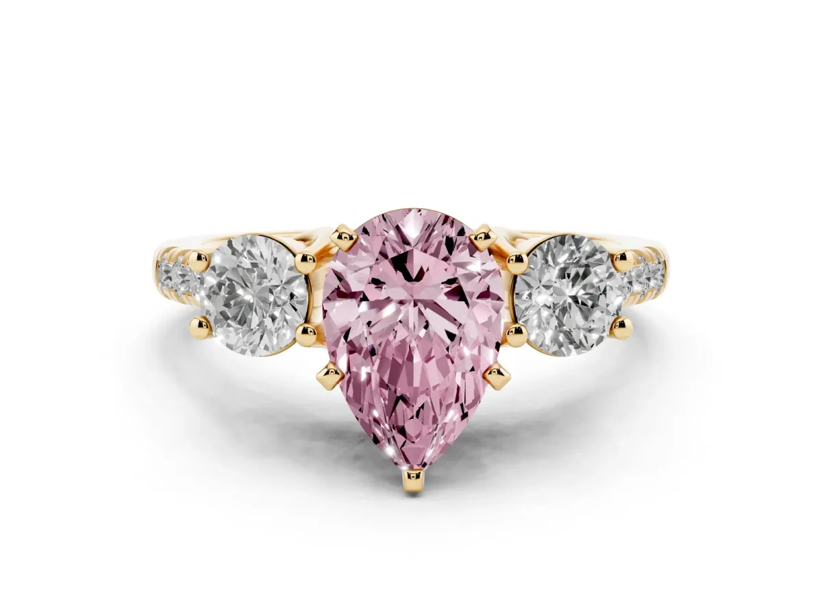 Fancy Pink Three-Stone Pear Cut Diamond Pavé Band with Four-Prong Setting Yellow gold