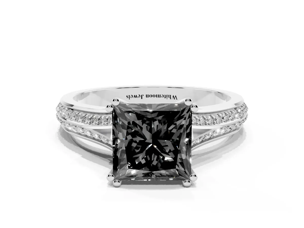 Fancy Black Princess Cut Diamond Split Shank Engagement Ring with Pavé Band Silver