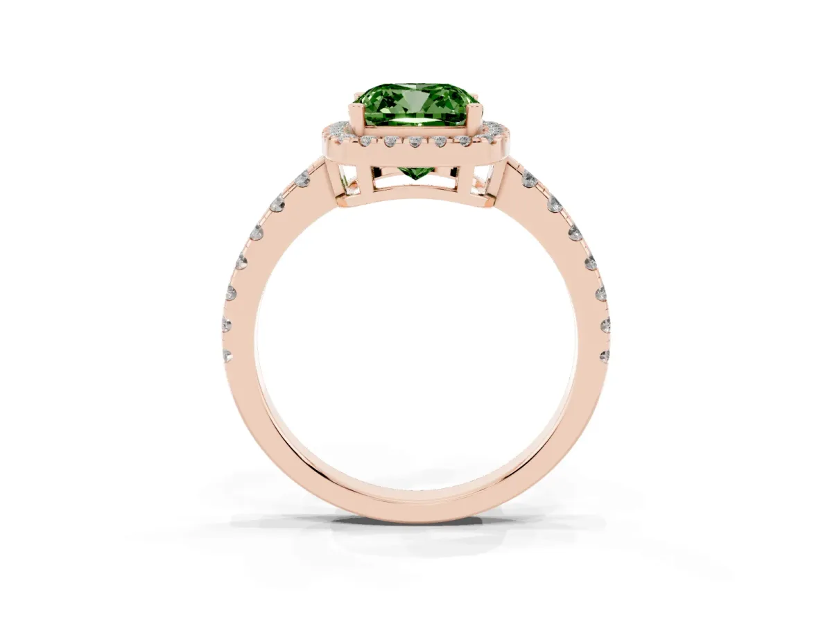 Fancy Green Cushion Cut Diamond Halo Ring with Pavé Band and Four-Prong Setting Rose gold