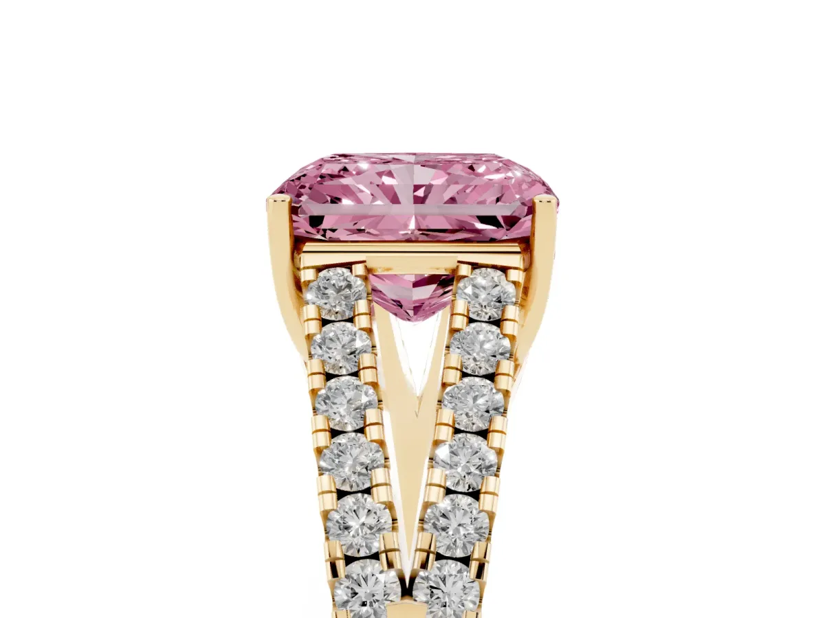 Fancy Pink Radiant Cut Diamond Split Shank Pavé Engagement Ring with Four-Prong Setting Yellow gold