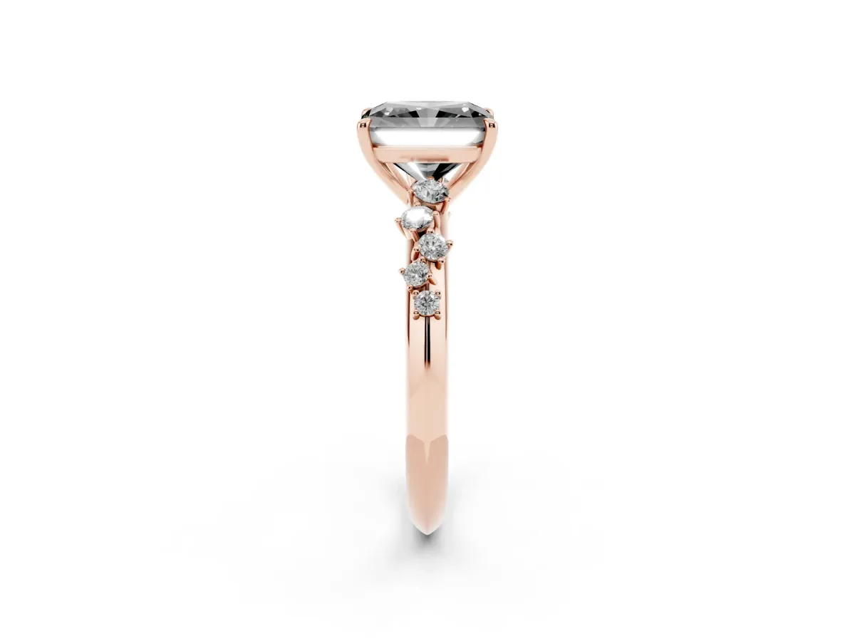 Fancy Black Radiant Cut Diamond Cluster Side Stone Solitaire Ring with Prong Setting Rose gold