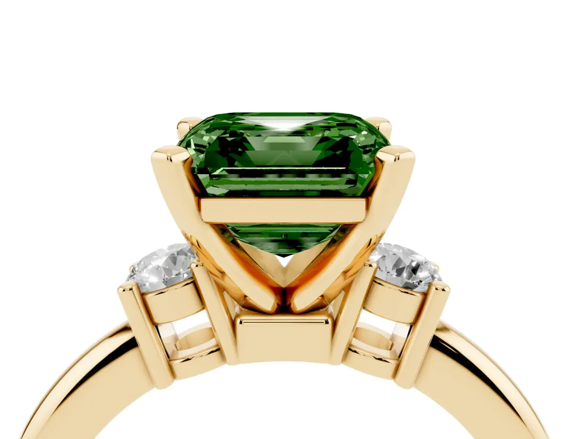 Fancy Green Three-Stone Asscher Cut Cut Diamond Solitaire with Prong Setting and Classic Band Yellow gold