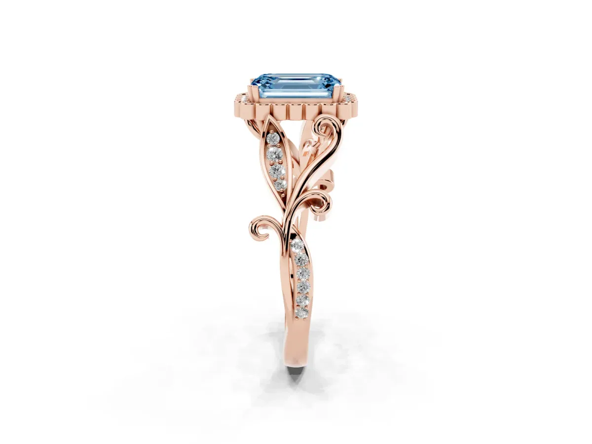 Fancy Blue Emerald Cut Diamond Halo Ring with Vintage Split Shank and Four-Prong Setting Rose gold