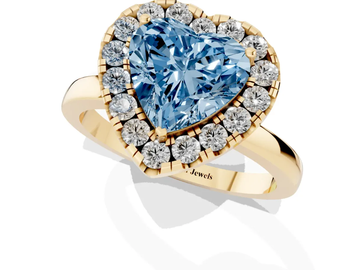 Fancy Blue Heart Cut Halo Diamond Solitaire with Pavé Band and Four-Prong Setting Yellow gold