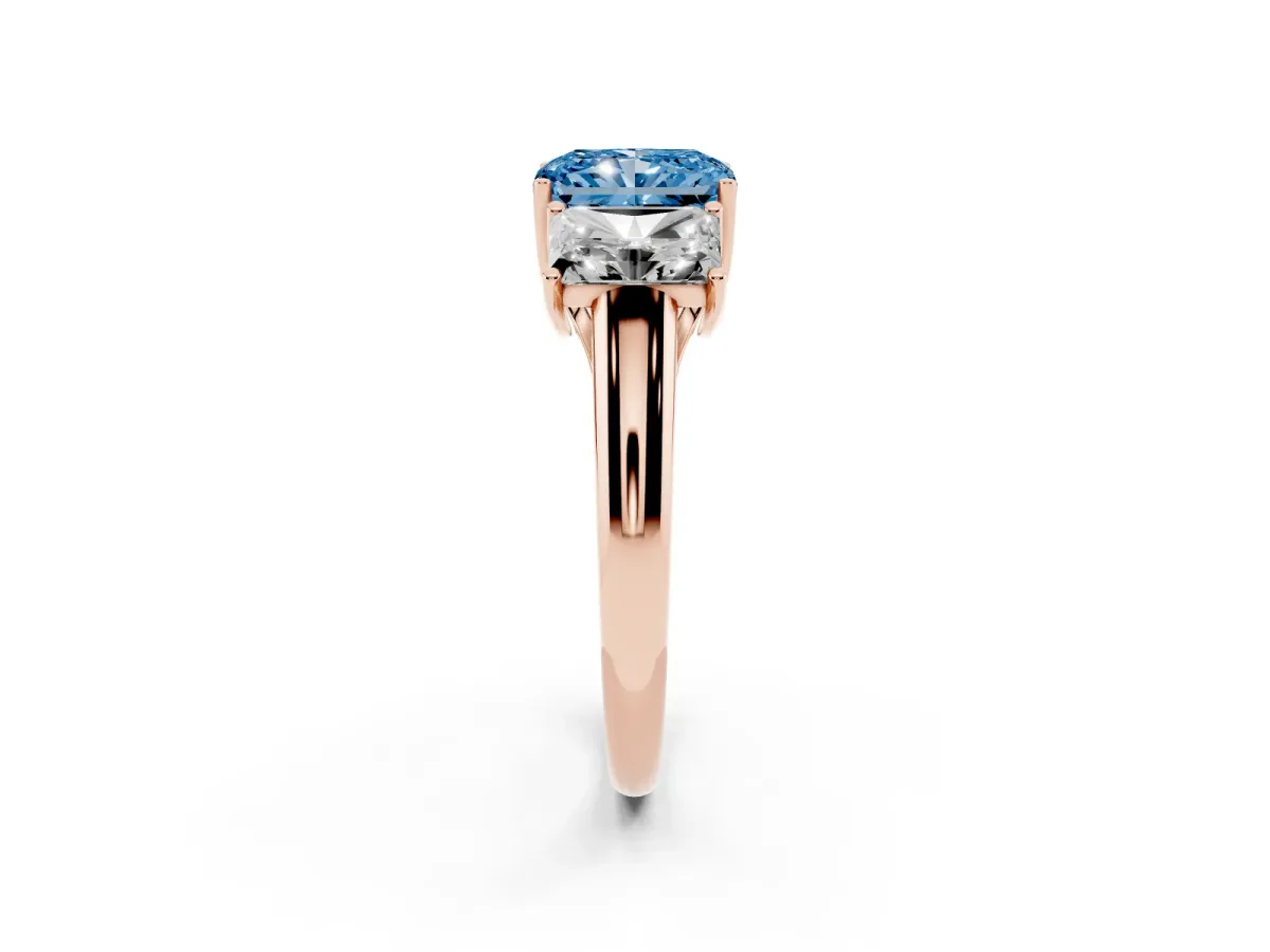 Fancy Blue Three-Stone Radiant Cut Diamond Engagement Ring with Prong Setting Rose gold