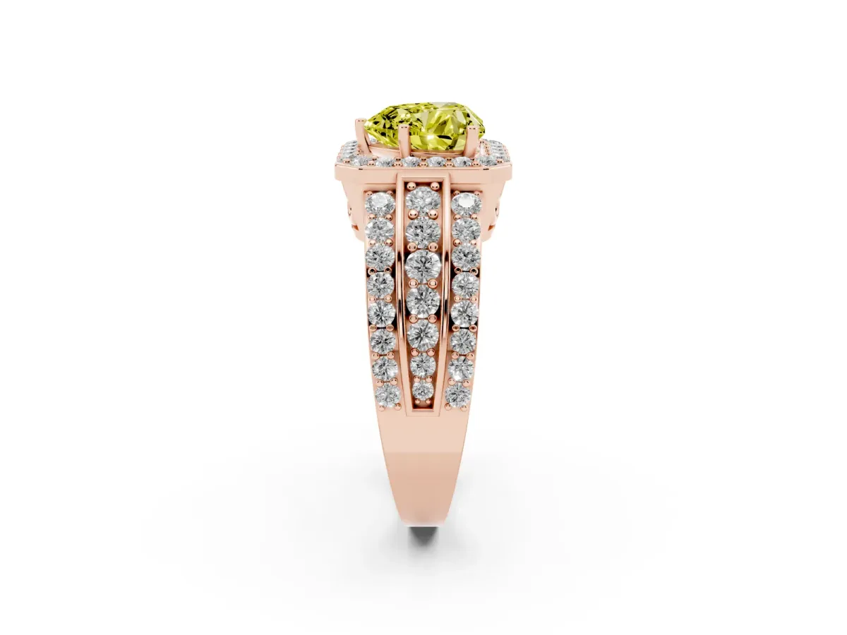 Fancy Yellow Heart Cut Halo Diamond Ring with Round Split Shank and Prong Setting Rose gold