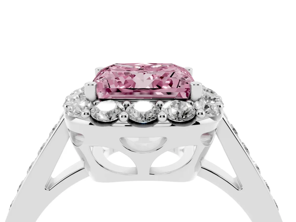 Fancy Pink Princess Cut Diamond Floral Halo Ring with Pavé Band and Prong Setting White gold