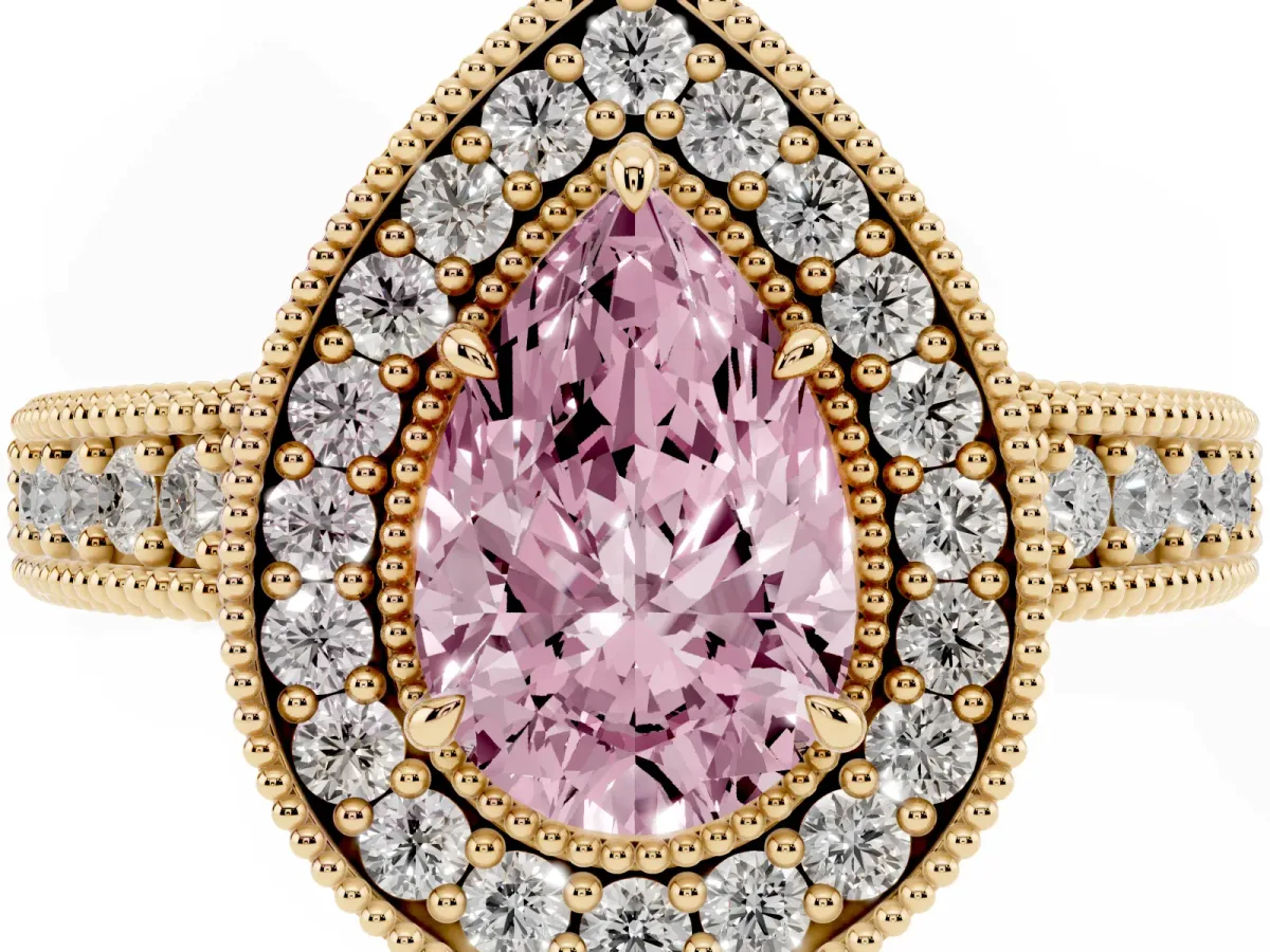 Fancy Pink Pear Cut Cut Halo Diamond Ring with Pavé Band and Four-Prong Setting Yellow gold
