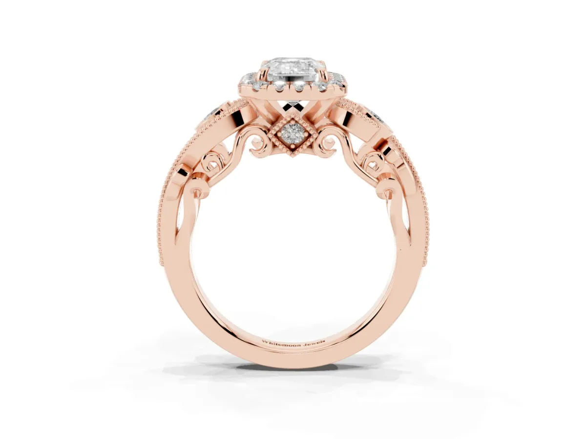 Emerald Cut Diamond Halo Ring with Milgrain Pavé Band and Four-Prong Setting Rose gold