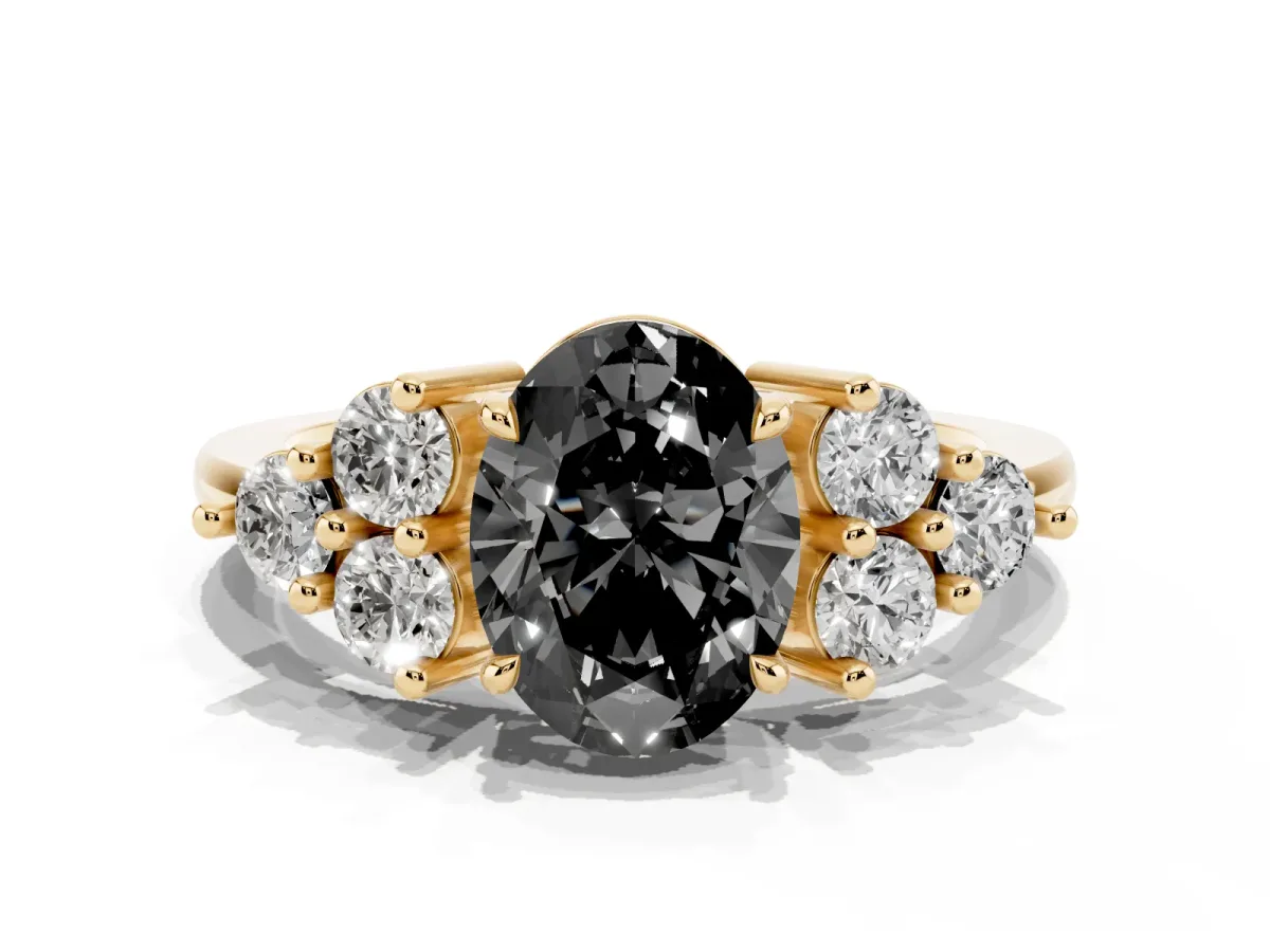 Fancy Black Oval Cut Brilliant Diamond Cluster Accent Solitaire Ring with Prong Setting Yellow gold