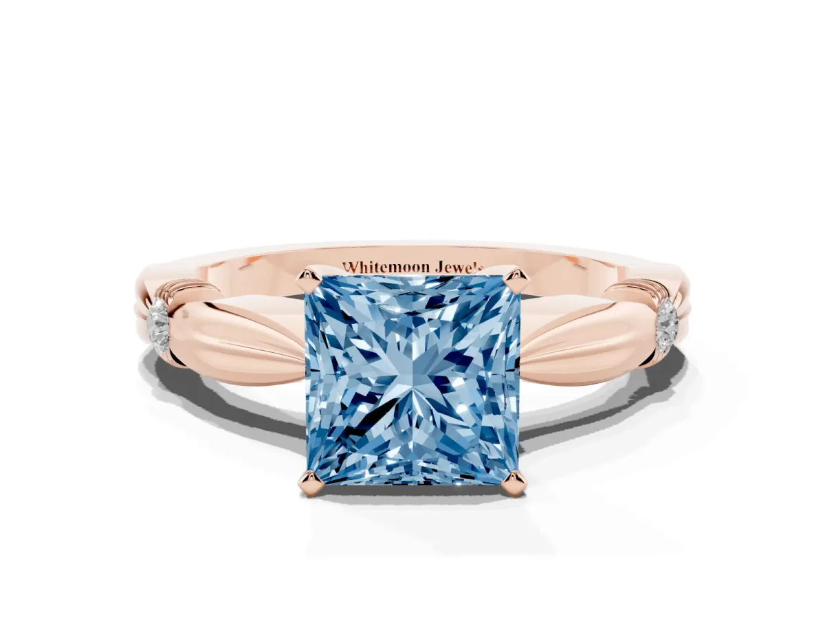 Fancy Blue Princess Cut Solitaire Diamond Twisted Band with Four-Prong Setting Rose gold