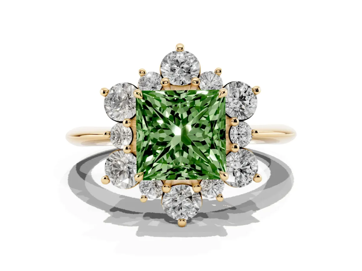 Fancy Green Princess Cut Diamond Cluster Halo Ring with Solitaire Band and Four-Prong Setting Yellow gold