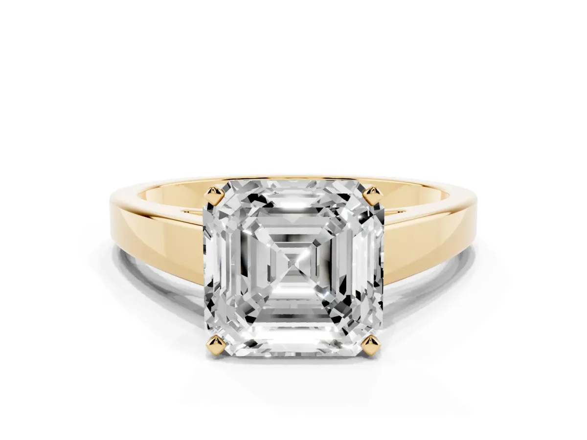 Asscher Cut Solitaire Engagement Ring with Four-Prong Setting and Tapered Band Yellow gold