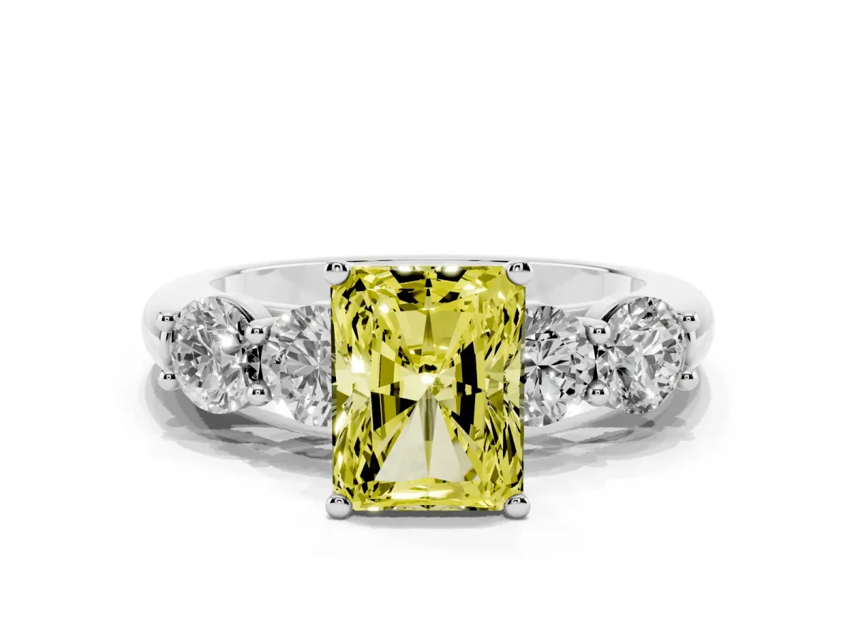 Fancy Yellow Radiant Cut Cut Five-Stone Prong Set Diamond Ring with Classic Band Silver