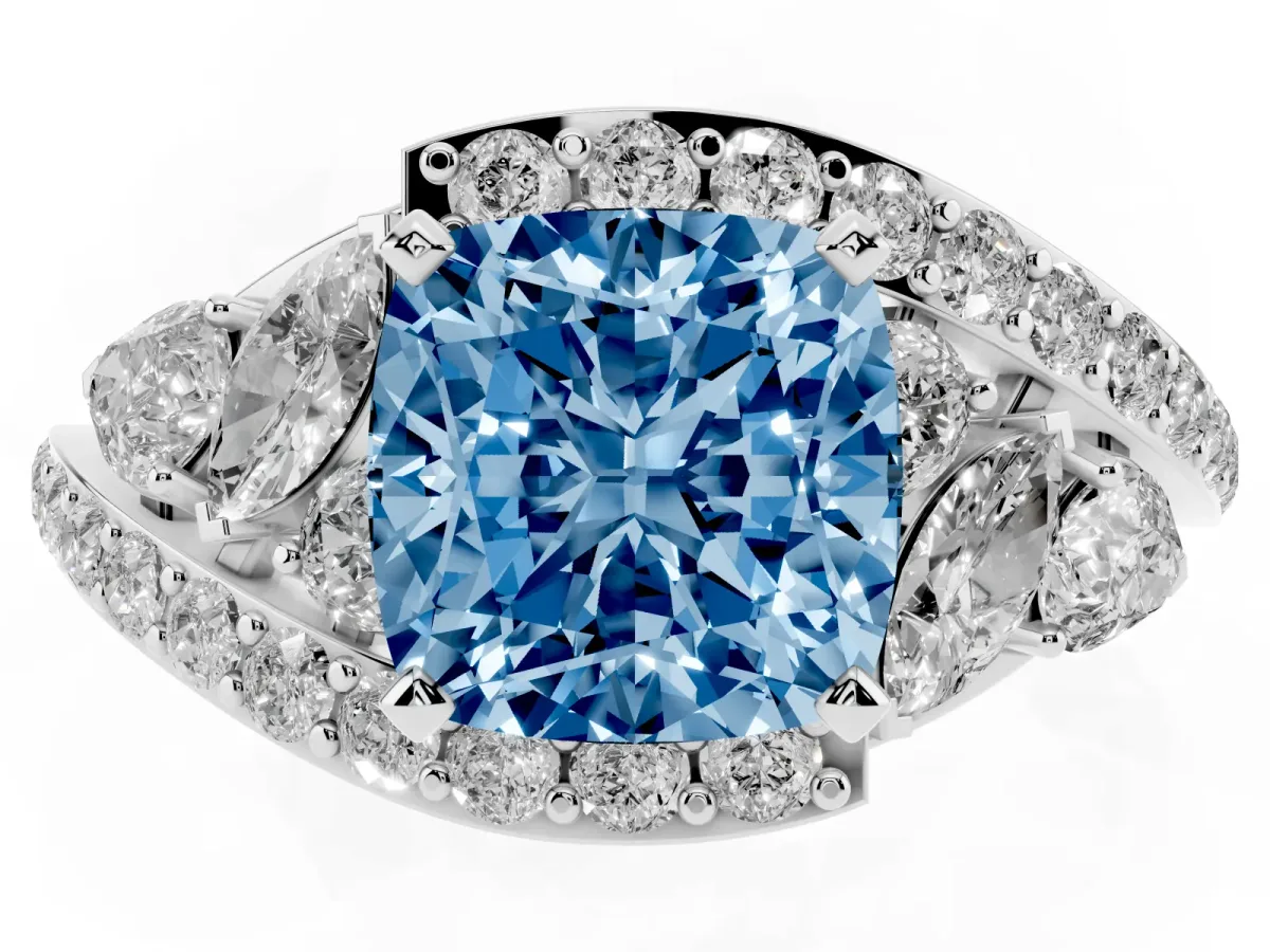 Fancy Blue Cushion Cut Diamond Halo Ring with Marquise and Pavé Band in Prong Setting Silver
