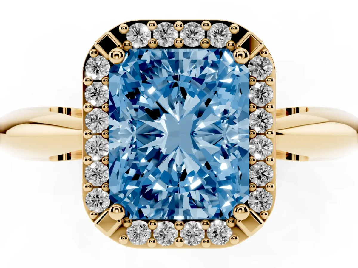 Fancy Blue Radiant Cut Cut Diamond Halo Engagement Ring with Split Shank and Four-Prong Setting Yellow gold