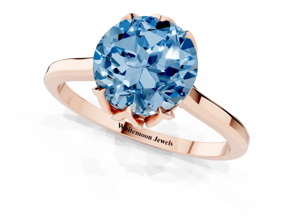 Fancy Blue Round Cut Diamond Solitaire Ring with Flower Prong Setting and Classic Band Rose gold