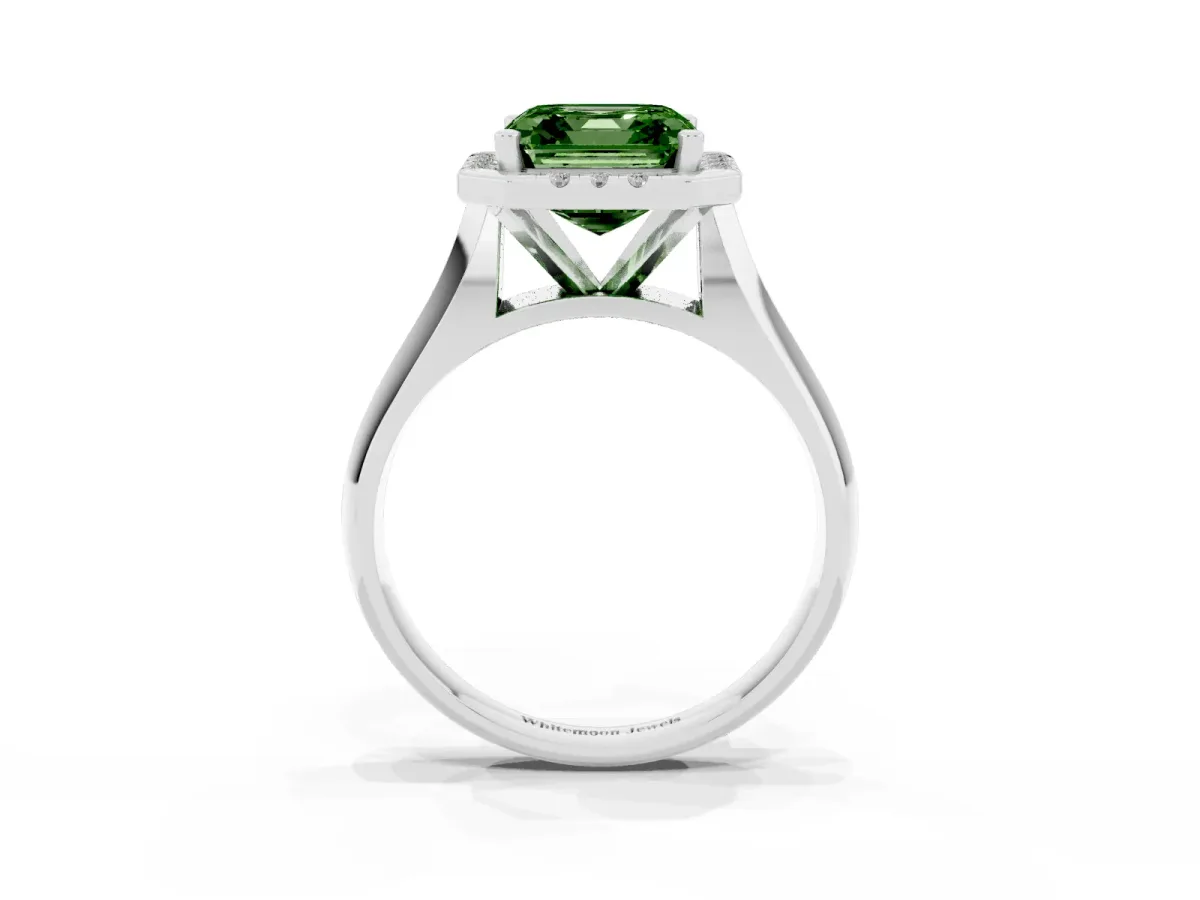 Fancy Green Asscher Cut Cut Halo Solitaire Engagement Ring with Square Band and Four-Prong Setting Silver