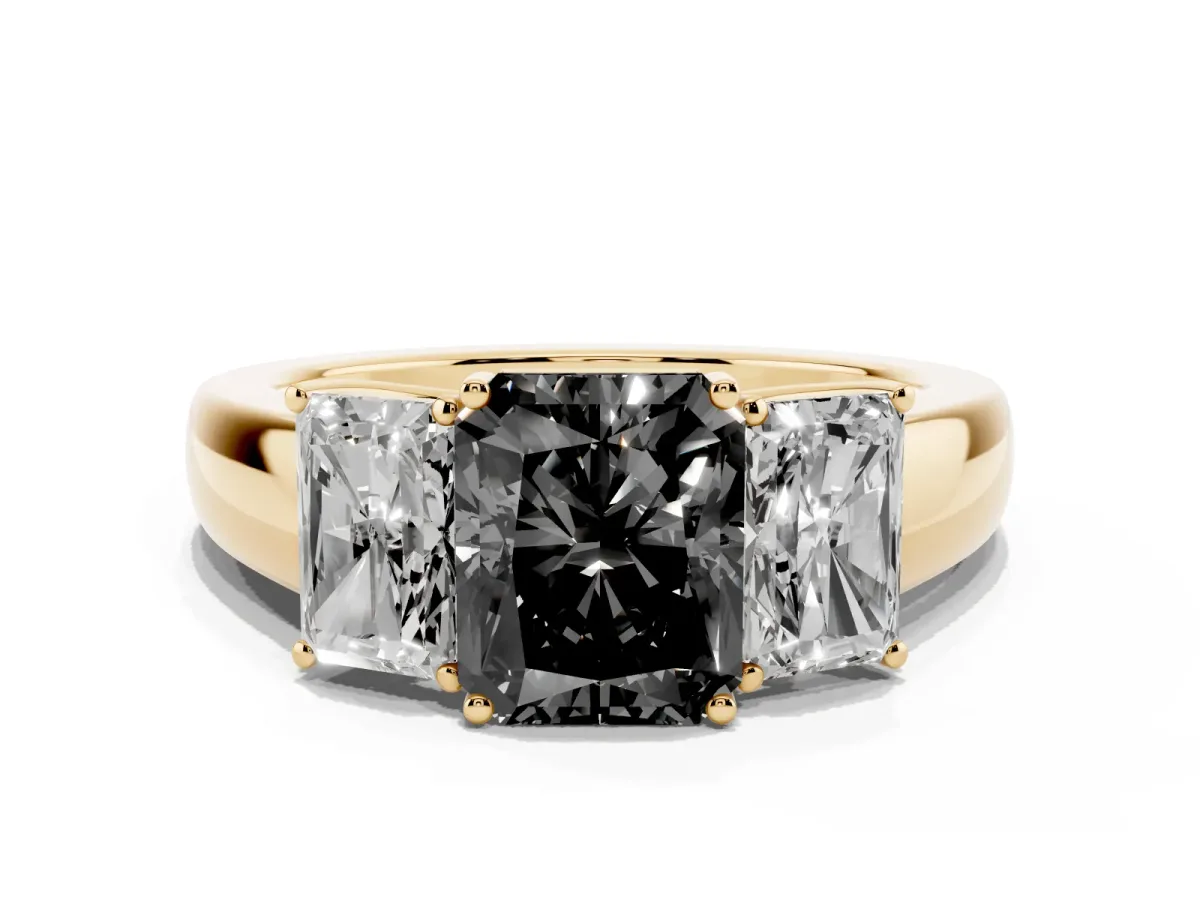 Fancy Black Three-Stone Radiant Cut Cut Diamond Ring with Prong Setting and Classic Band Yellow gold