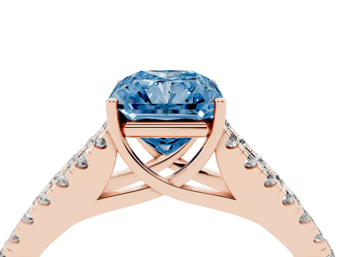 Fancy Blue Radiant Cut Diamond Split Shank Pavé Engagement Ring with Four-Prong Setting Rose gold