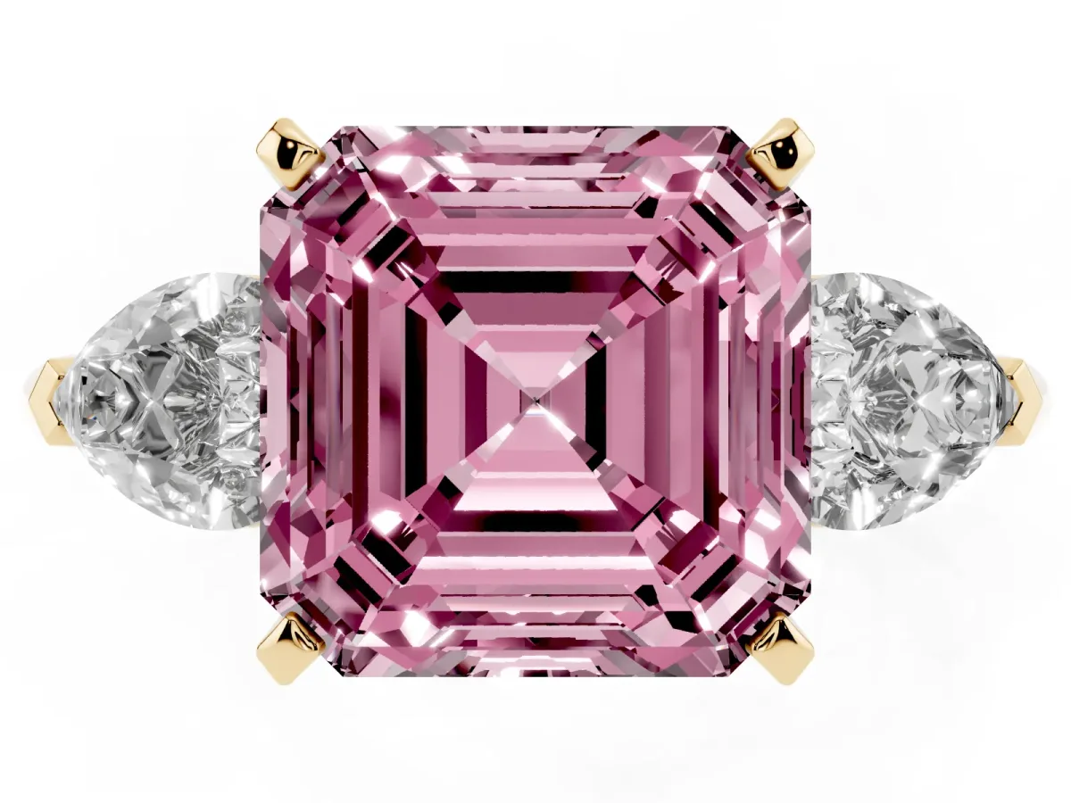 Fancy Pink Three-Stone Asscher Cut Diamond Ring with Pear Side Stones and Four-Prong Setting Yellow gold