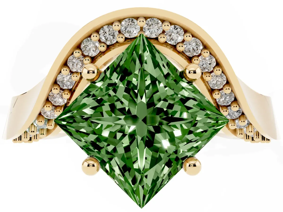 Fancy Green Princess Cut Solitaire Diamond Engagement Ring with Pave Band and Four-Prong Setting Yellow gold