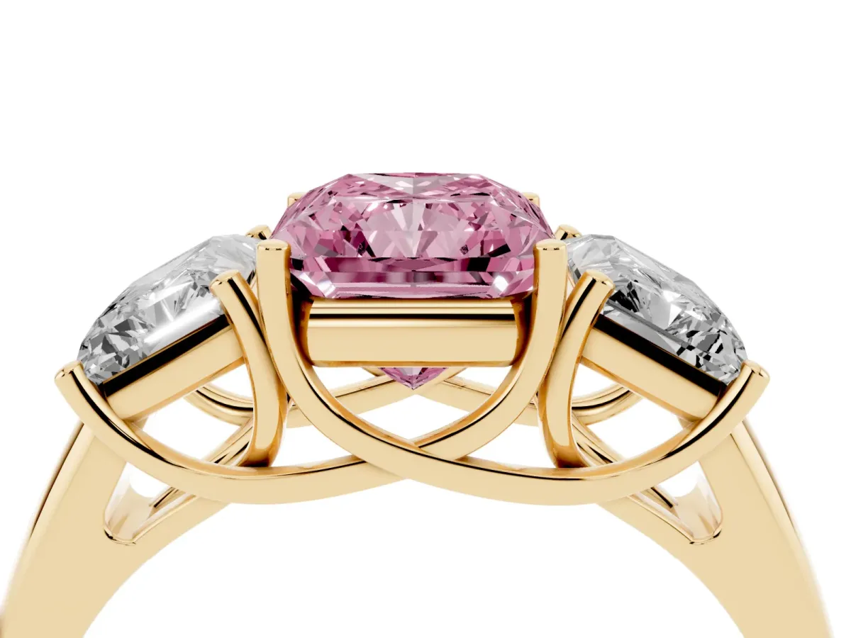 Fancy Pink Three-Stone Radiant Cut Diamond Engagement Ring with Prong Setting Yellow gold