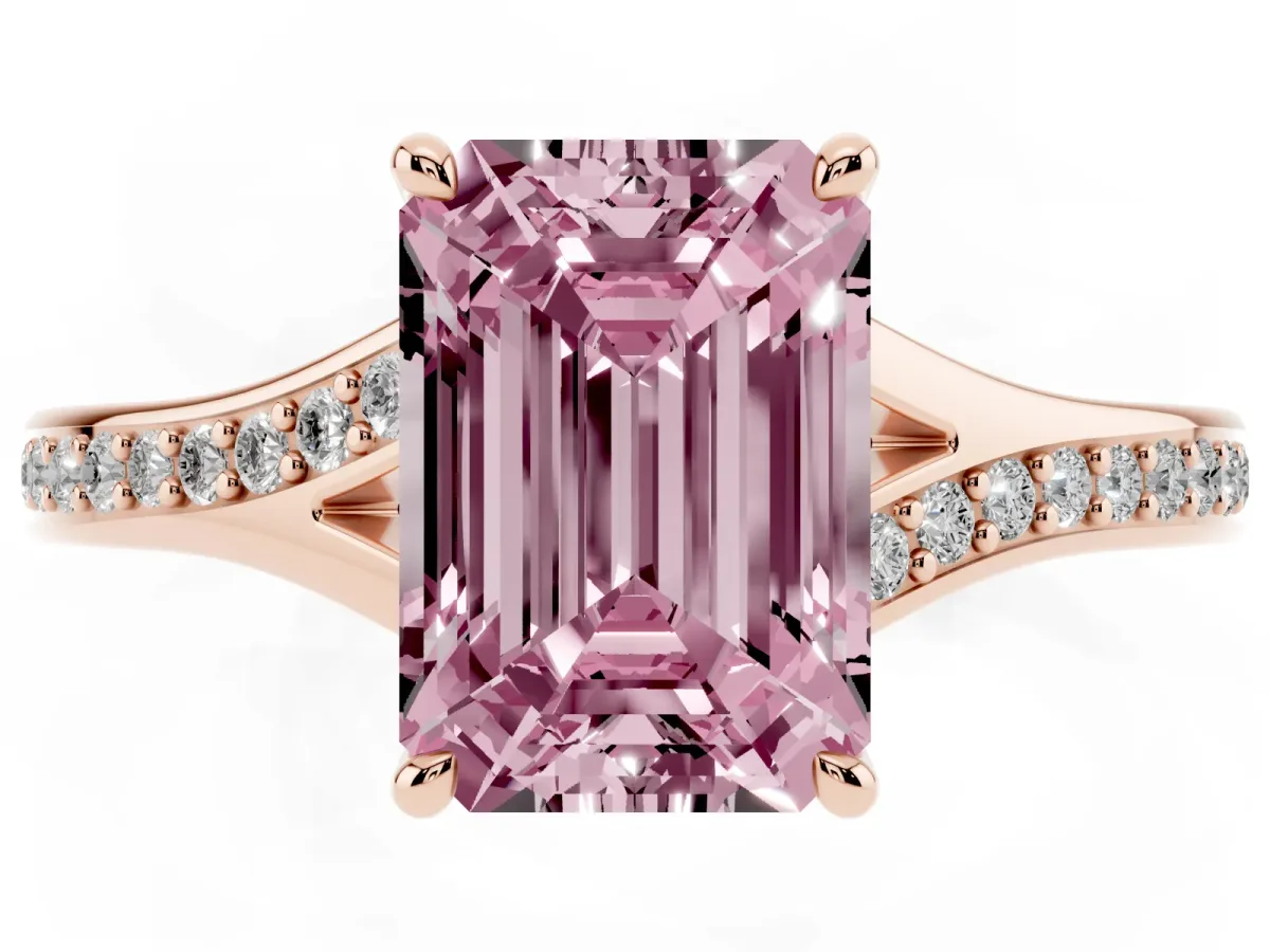 Fancy Pink Emerald Cut Diamond Solitaire Ring with Pavé Band and Prong Setting Rose gold