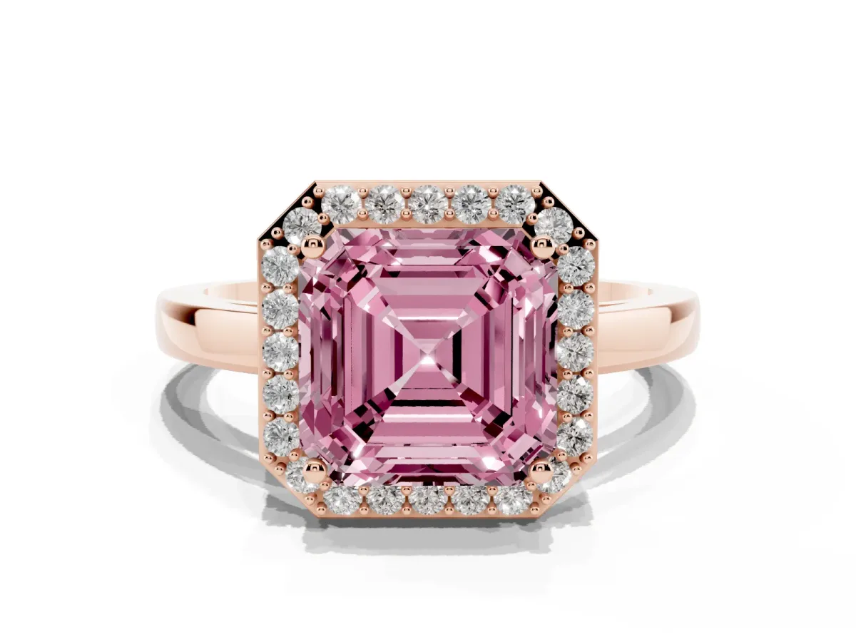 Fancy Pink Asscher Cut Halo Diamond Ring with Solitaire Band and Prong Setting Rose gold