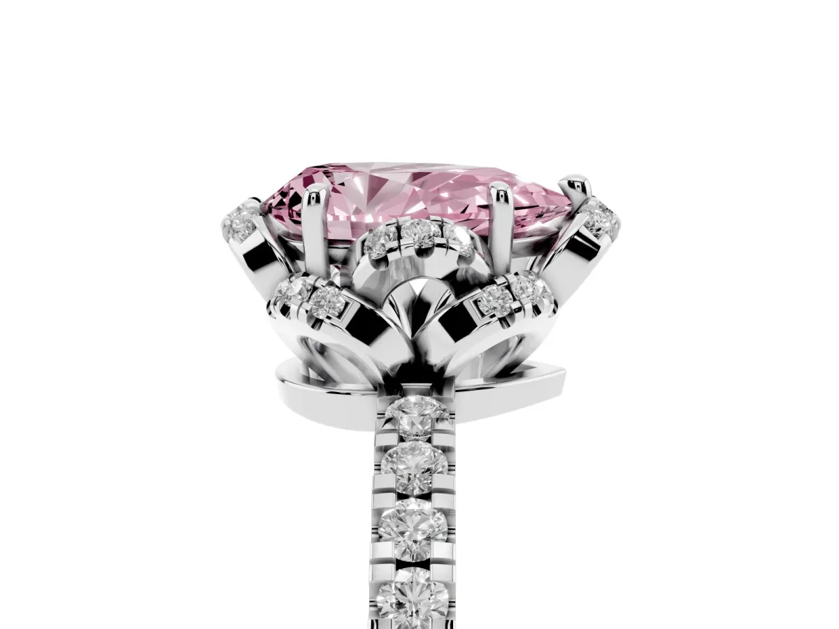 Fancy Pink Pear Cut Halo Diamond Pave Band Ring with Four-Prong Setting Silver