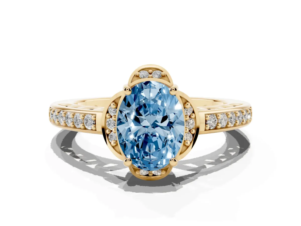 Fancy Blue Oval Cut Cut Halo Diamond Ring with Channel Set Band and Four-Prong Setting Yellow gold
