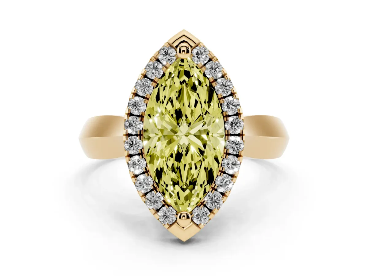 Fancy Yellow Marquise Cut Cut Halo Solitaire Engagement Ring with Square Band and Four-Prong Setting Yellow gold