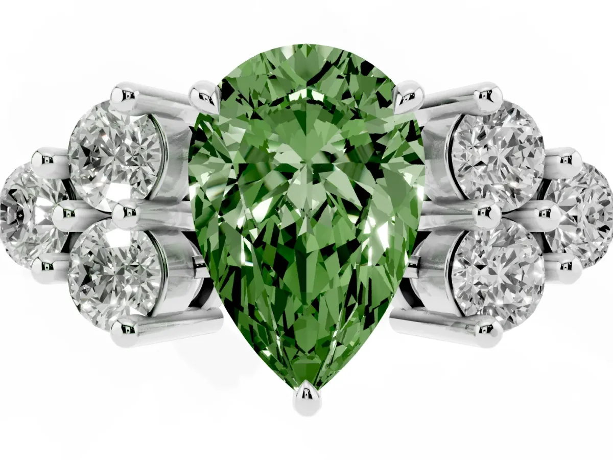 Fancy Green Pear Cut Brilliant Diamond Cluster Accent Solitaire Ring with Prong Setting Silver