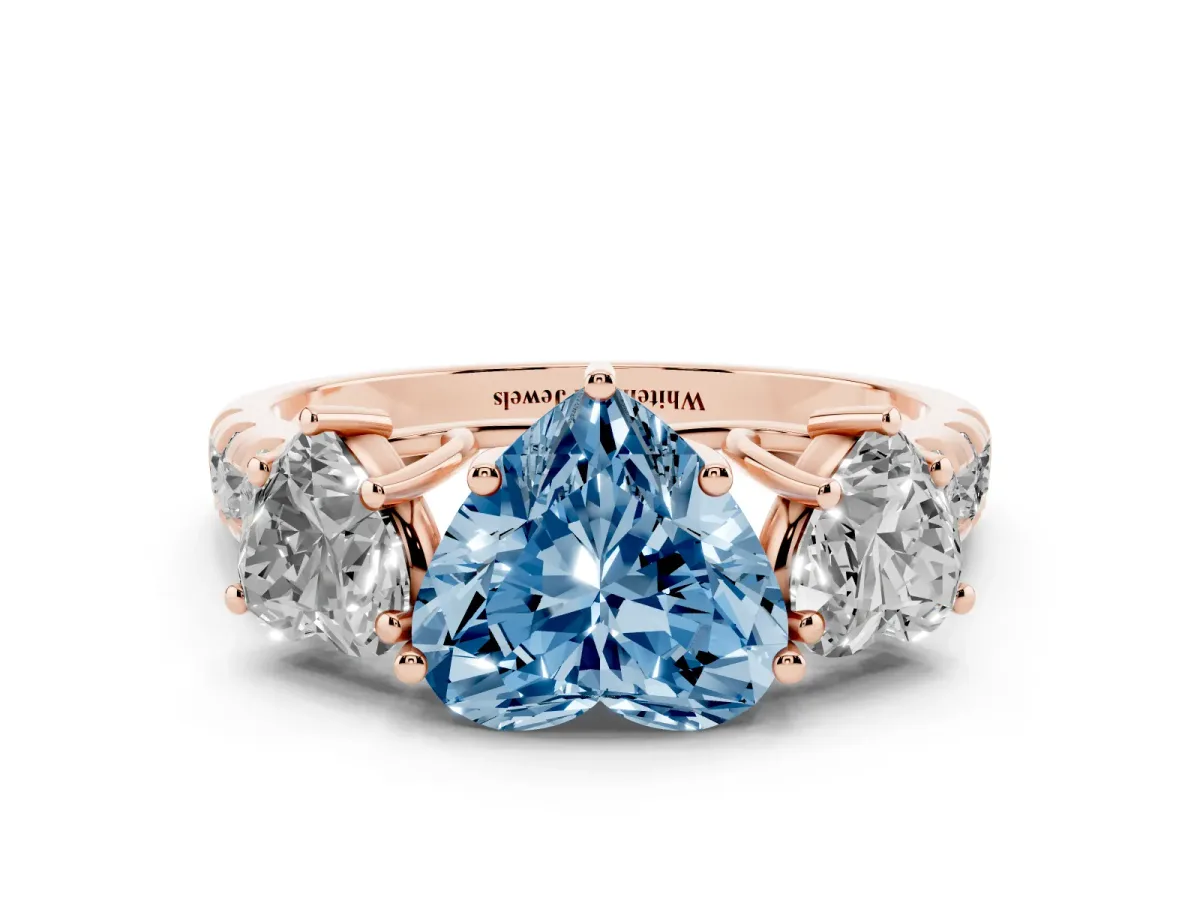 Fancy Blue Three-Stone Heart Cut Diamond Pavé Band with Prong Setting Rose gold