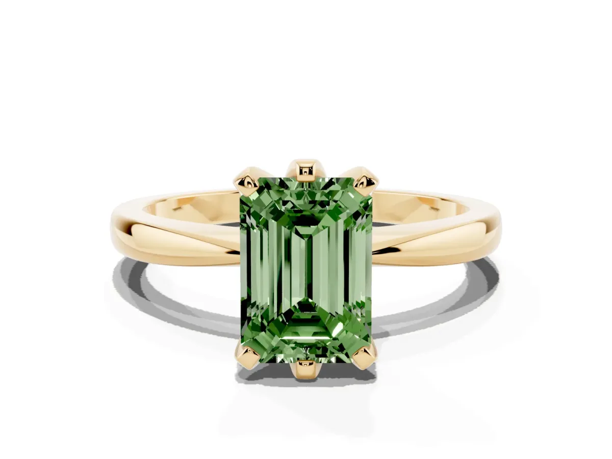 Fancy Green Emerald Cut Solitaire Engagement Ring with Six-Prong Setting and Tapered Band Yellow gold