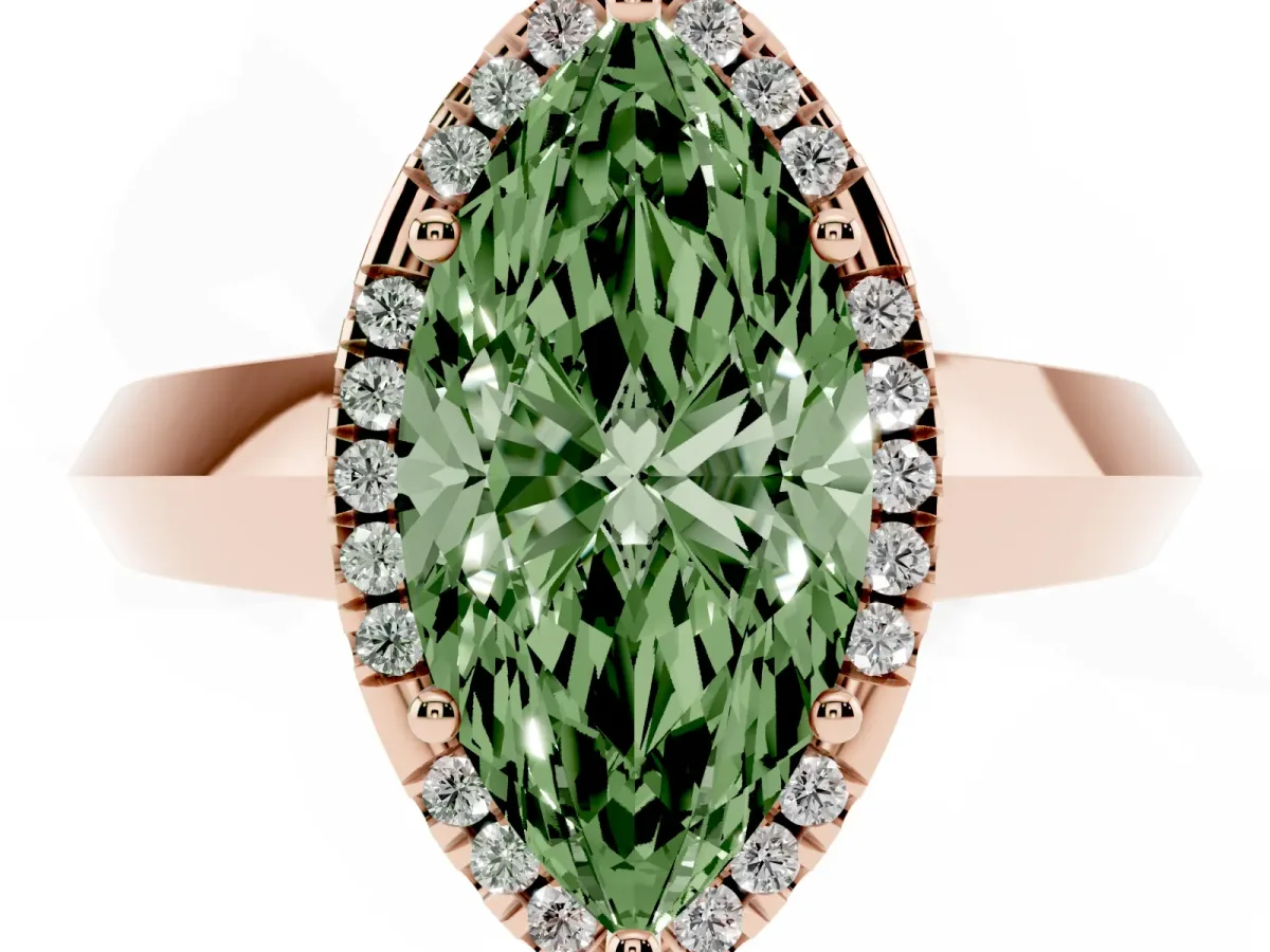 Fancy Green Marquise Cut Halo Diamond Ring with Cathedral Band and Four-Prong Setting Rose gold