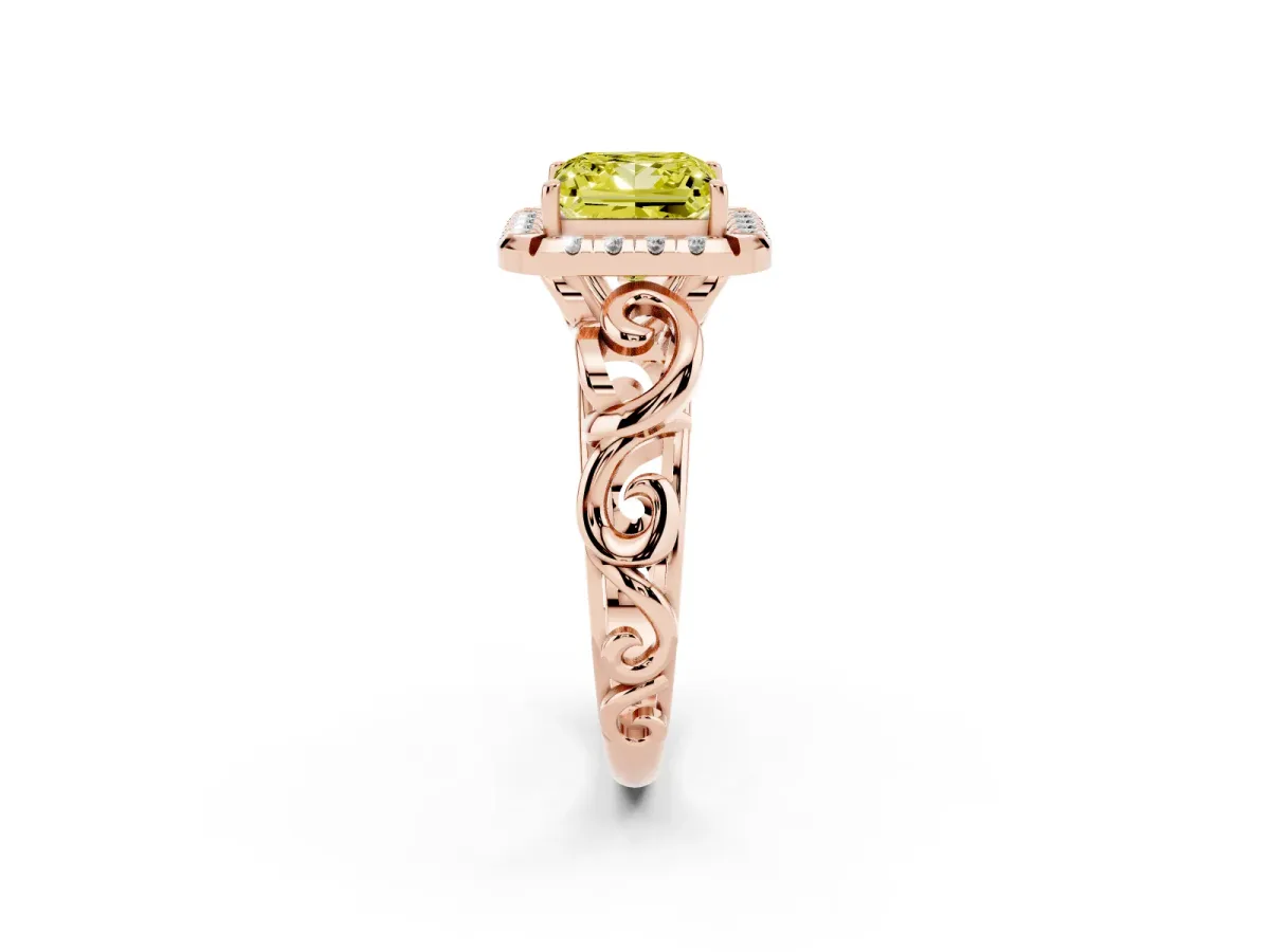 Fancy Yellow Princess Cut Cut Halo Diamond Ring with Scrollwork Band and Four-Prong Setting Rose gold