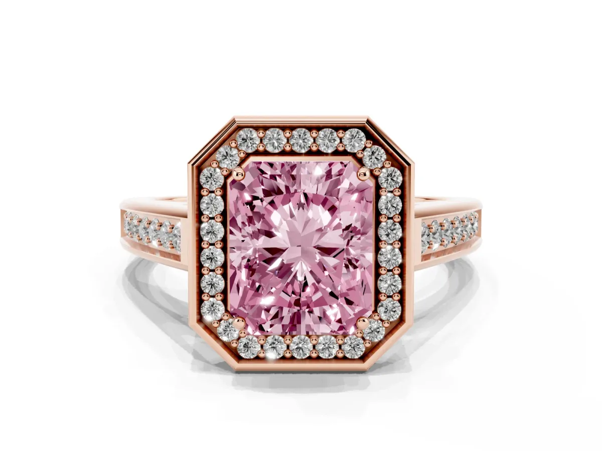 Fancy Pink Emerald Cut Halo Solitaire Diamond Ring with Pave Band and Bezel Setting Rose gold