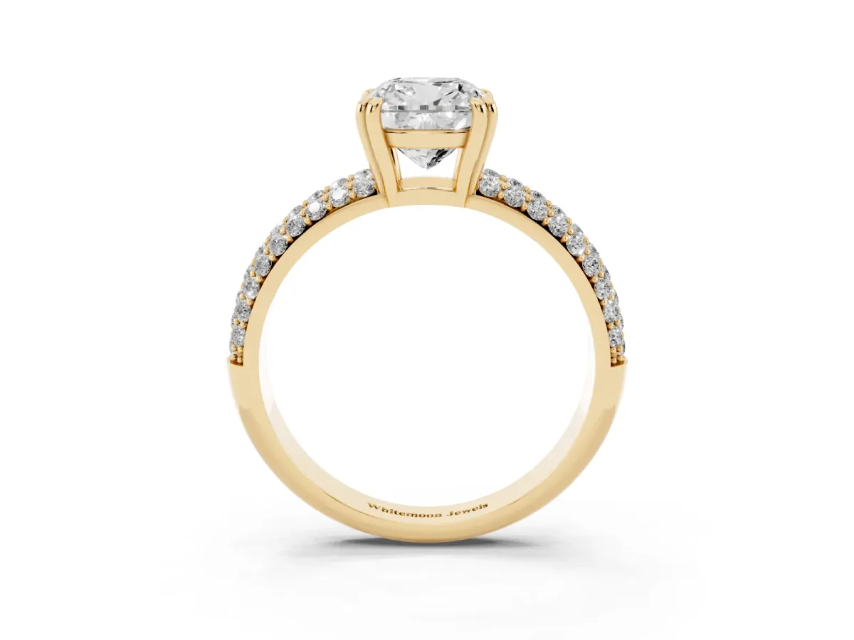 Cushion Cut Diamond Solitaire Ring with Multi-Row Round Pavé Band and Prong Setting Yellow gold