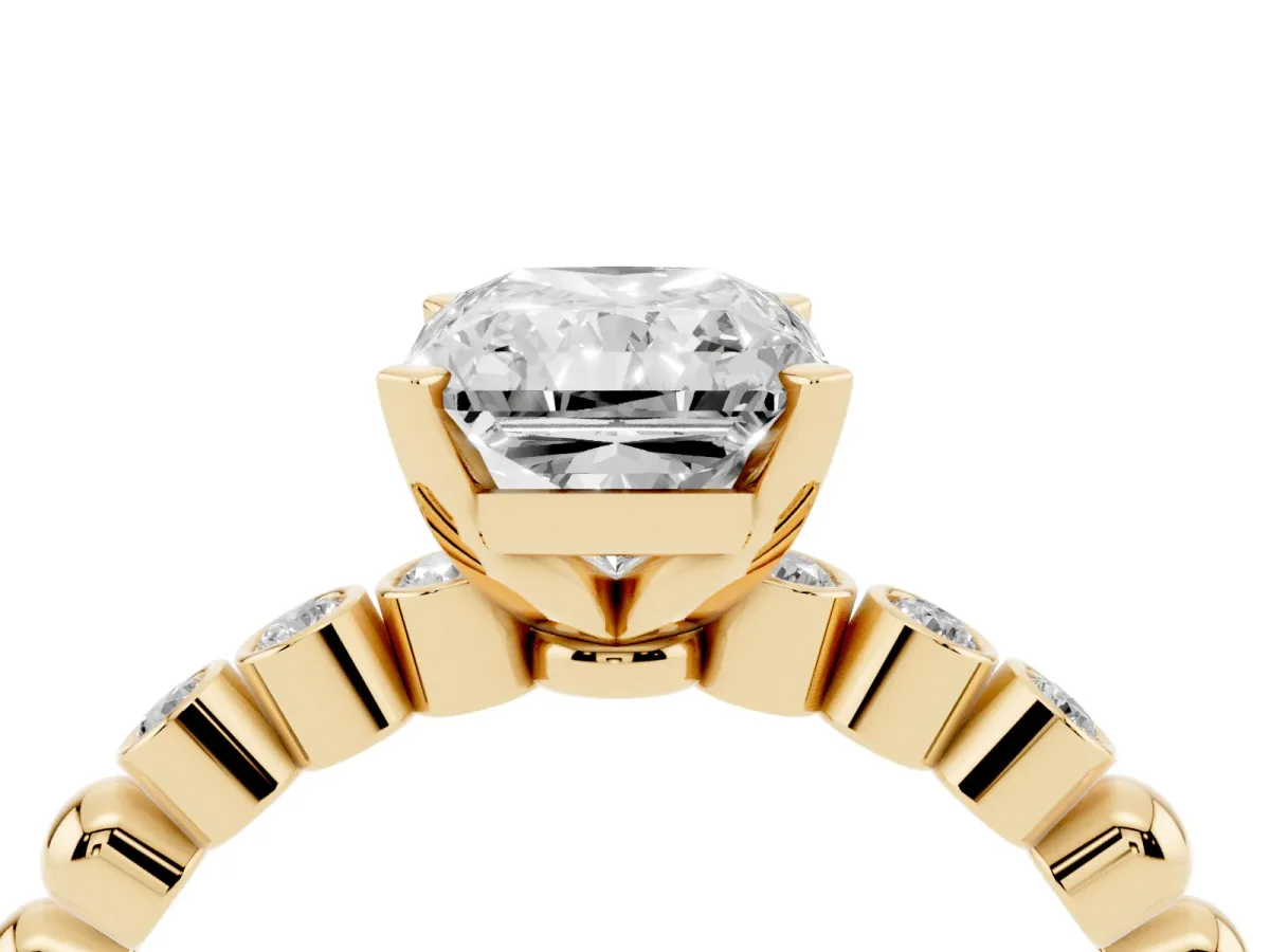 Radiant Cut Solitaire Bezel Accent Diamond Engagement Ring with Beaded Band and Four-Prong Setting Yellow gold