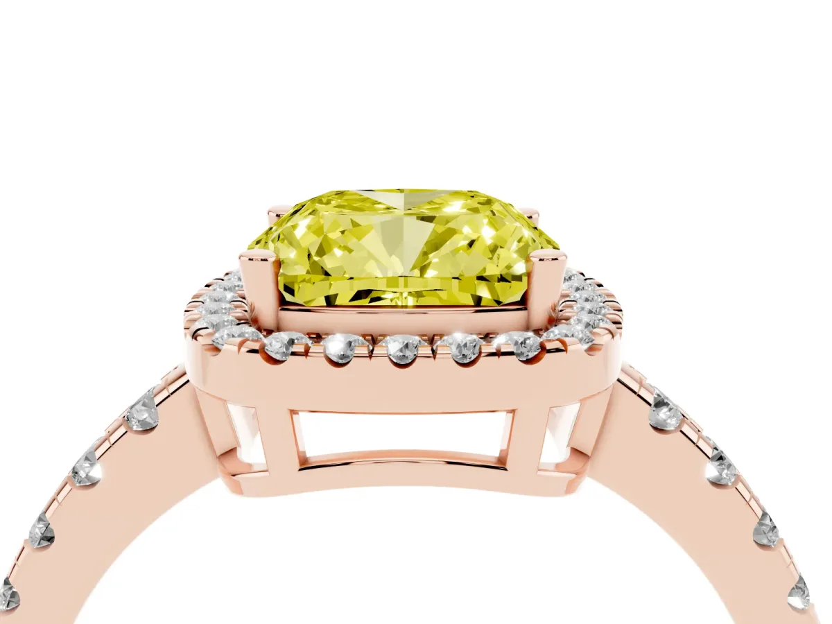 Fancy Yellow Cushion Cut Diamond Halo Ring with Pavé Band and Four-Prong Setting Rose gold