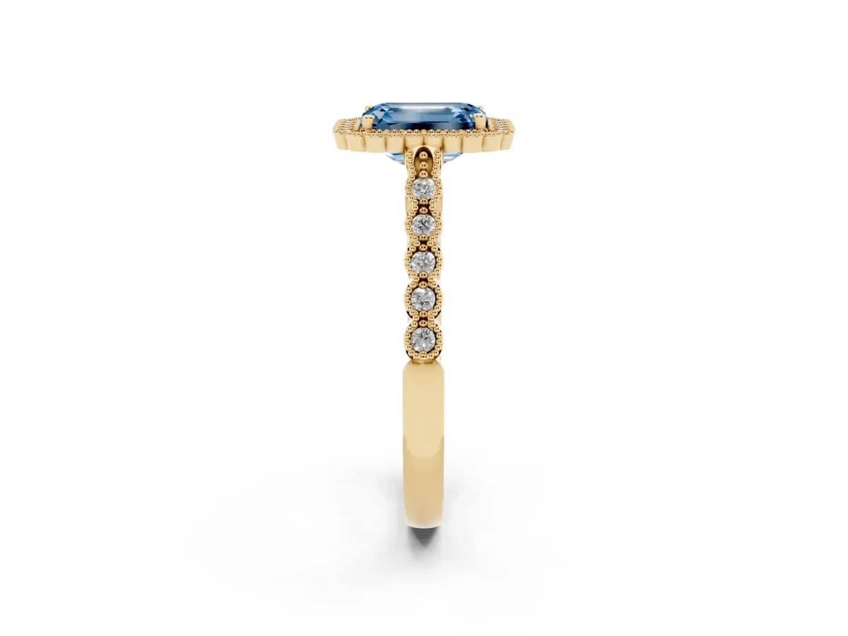 Fancy Blue Emerald Cut Cut Halo Pavé Solitaire Ring with Milgrain Band Yellow gold