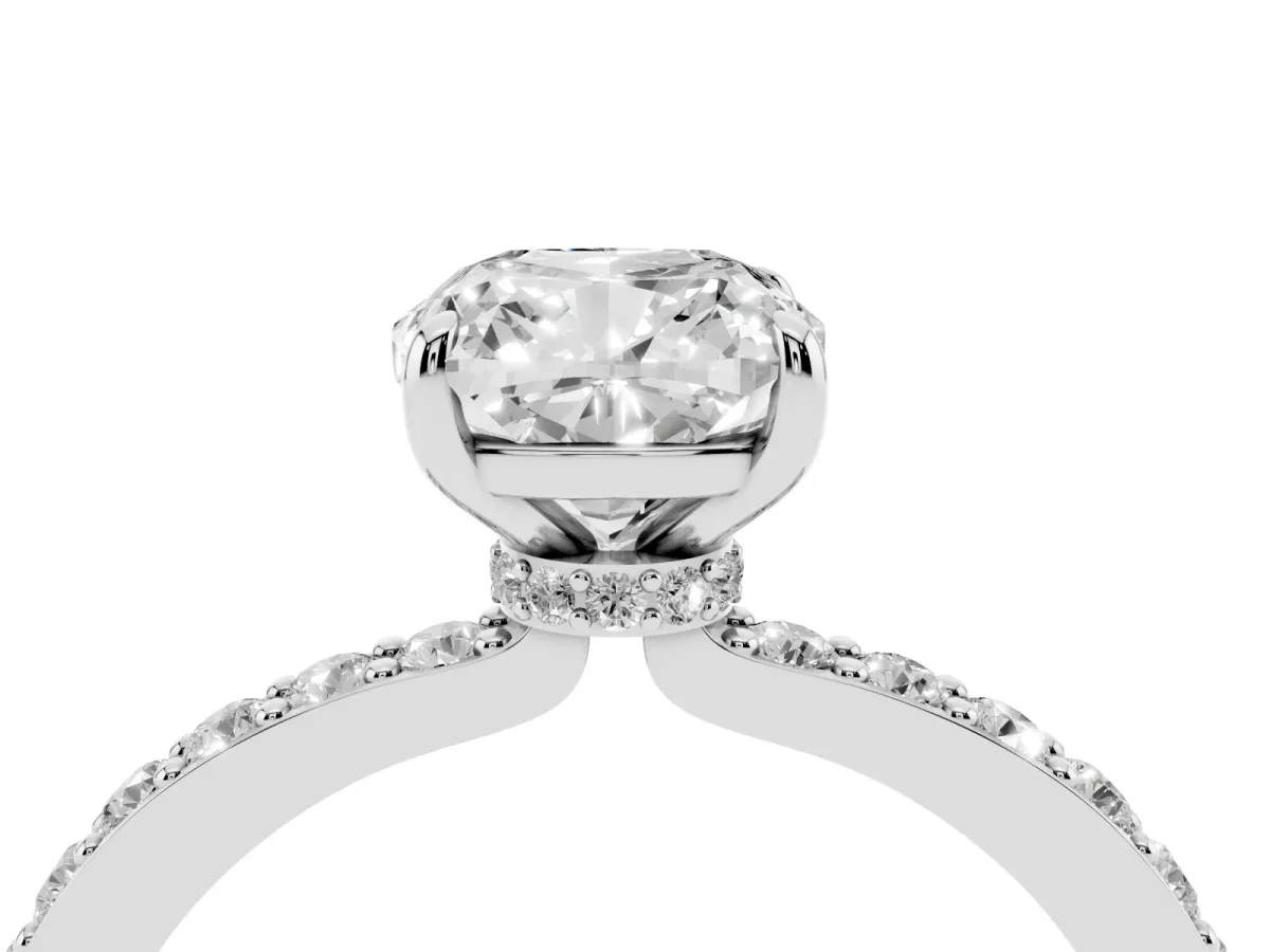 Cushion Cut Diamond Solitaire Engagement Ring with Pavé Band and Four-Prong Setting Silver