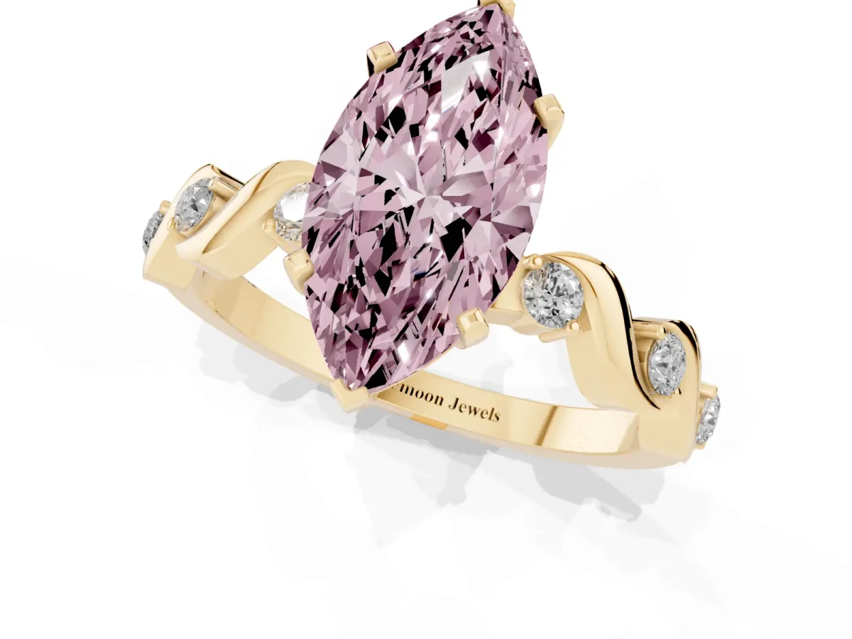 Fancy Pink Marquise Cut Diamond Solitaire Twisted Band with Round Accents and Prong Setting Yellow gold