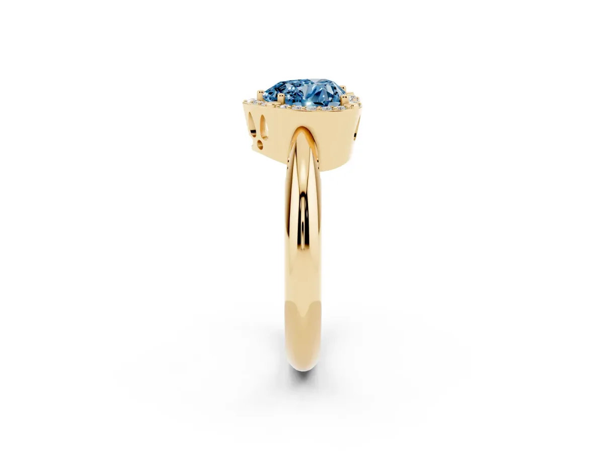 Fancy Blue Heart Cut Cut Diamond Halo Engagement Ring with Split Shank and Four-Prong Setting Yellow gold