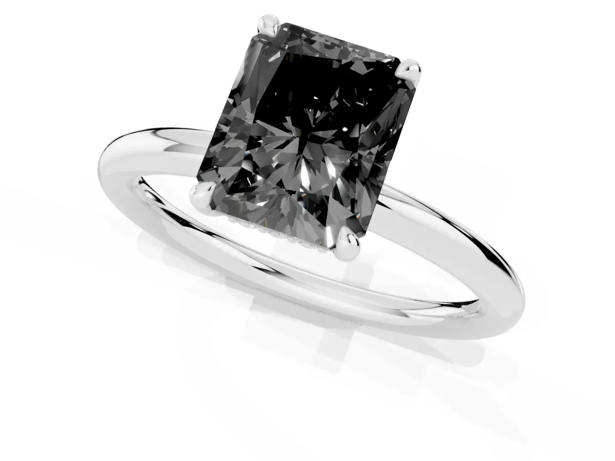 Fancy Black Radiant Cut Diamond Solitaire Ring with Thin Band and Four-Prong Setting Silver