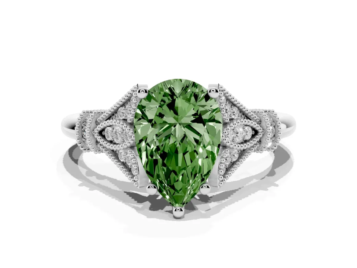 Fancy Green Pear Cut Diamond Solitaire Ring with Floral Filigree and Pave Accents Silver
