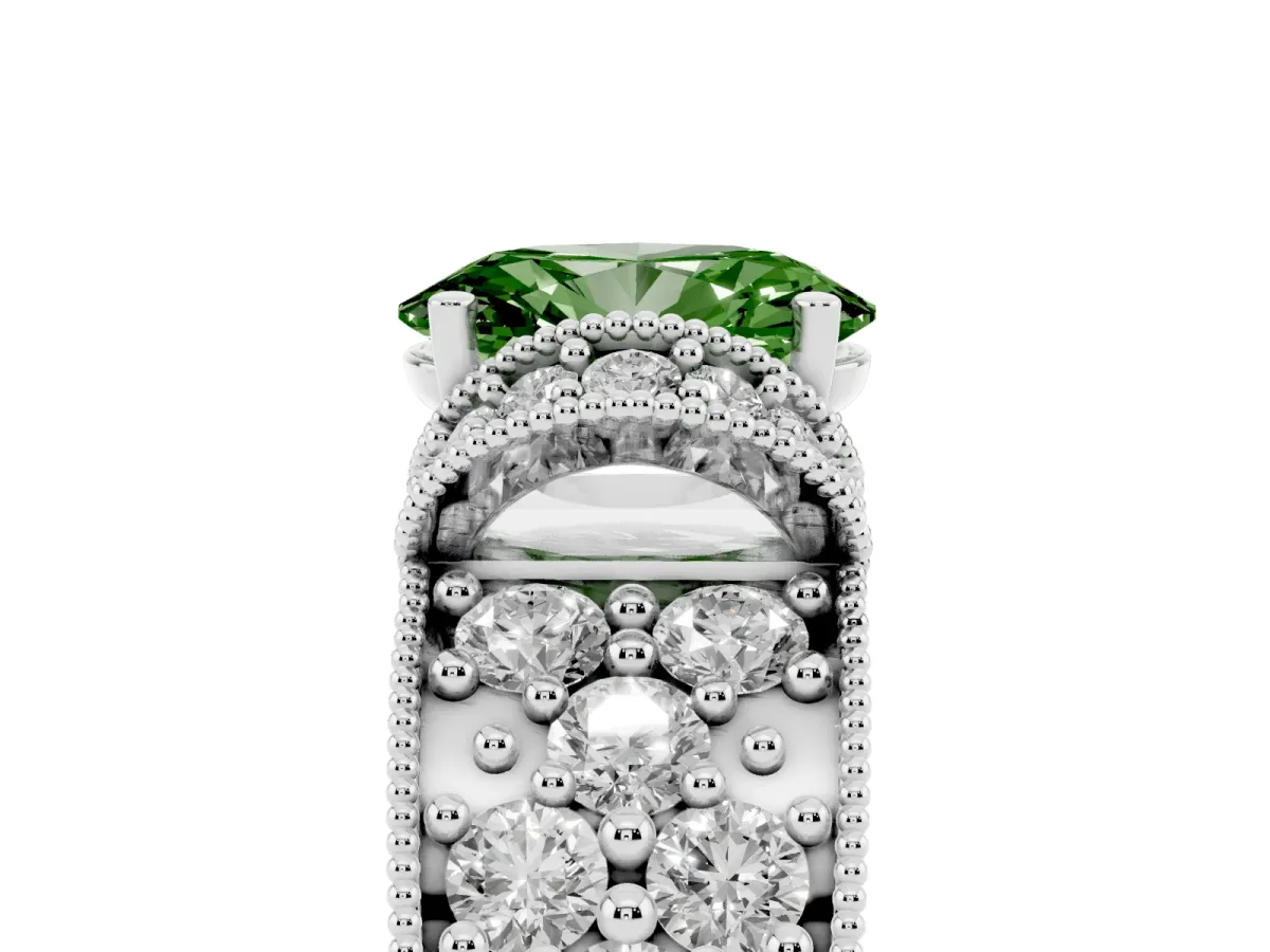 Fancy Green Oval Cut Halo Pave Diamond Engagement Ring with Milgrain Detailing Platinum