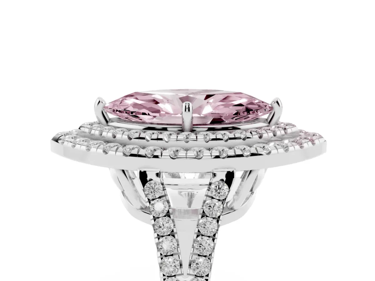 Fancy Pink Marquise Cut Diamond Double Halo Ring with Pavé Band and Prong Setting Silver